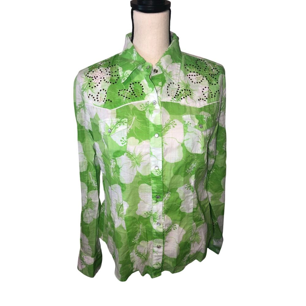 Pearl Snap Western Shirt Size L Green Floral Long Sleeve Rodeo Cowgirl Boho VTG